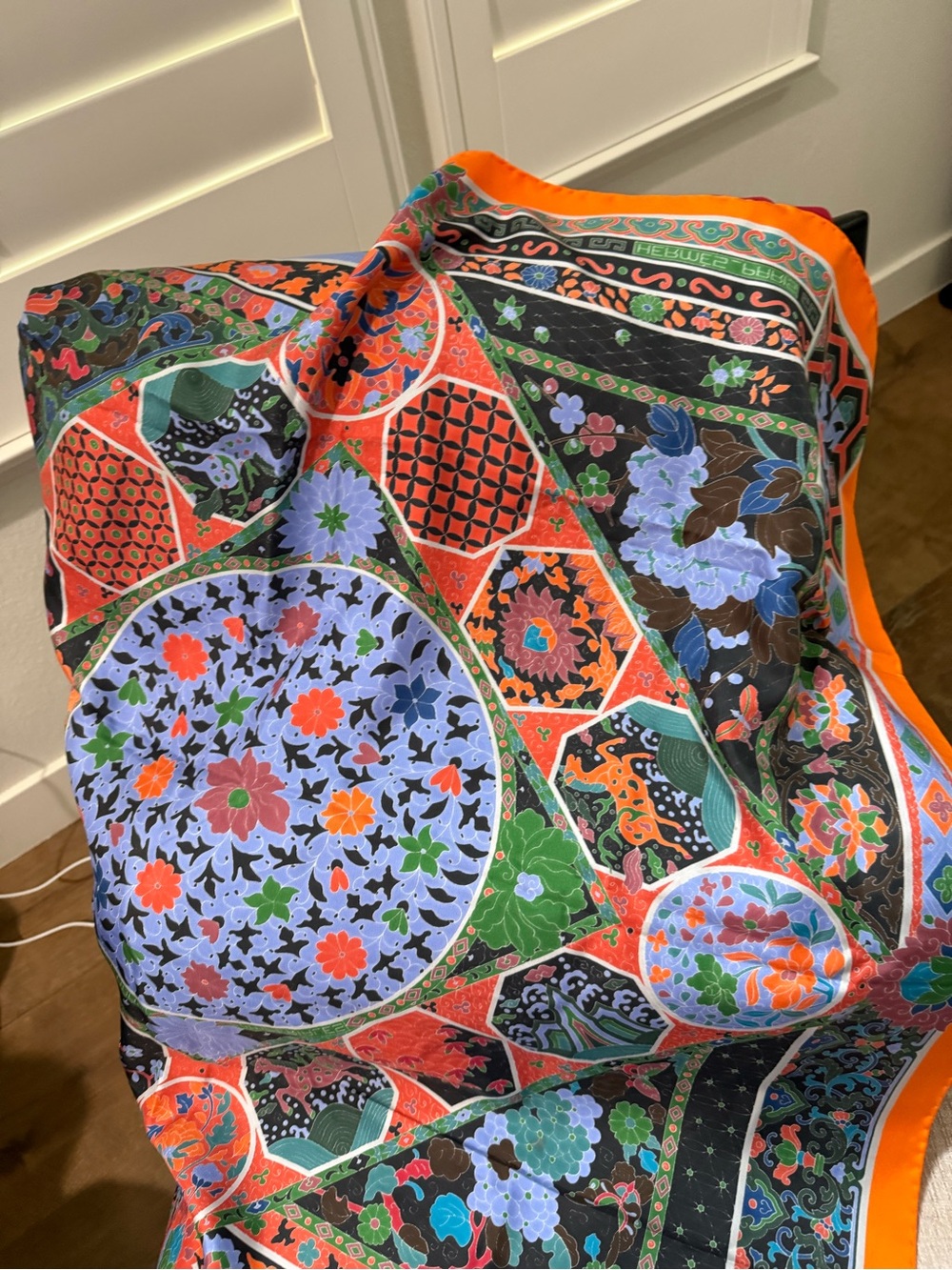 Hermes Multicolor Floral Silk Scarf with Orange Border